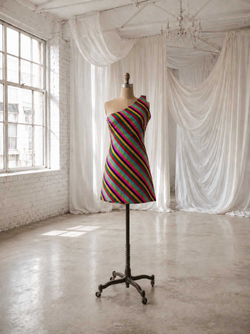 Vintage 1960s Silk Stripe One Shoulder Micro Mini Party Cocktail Pinup Dress S/M